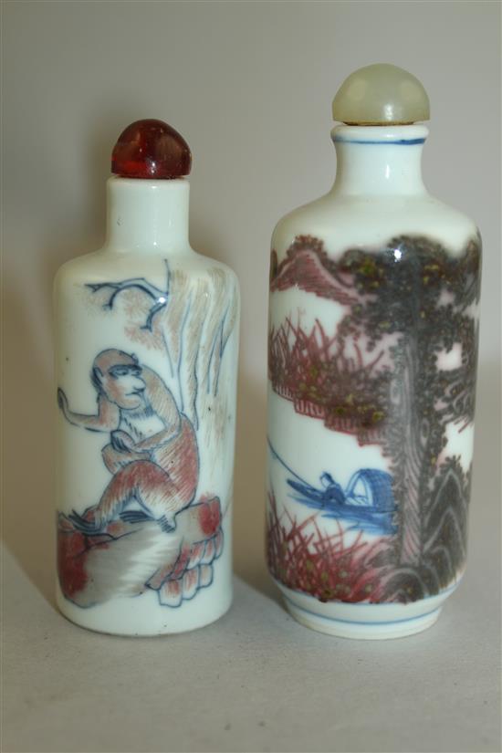 Two Chinese underglaze blue and copper red cylindrical snuff bottles, 1830-1900, 7cm